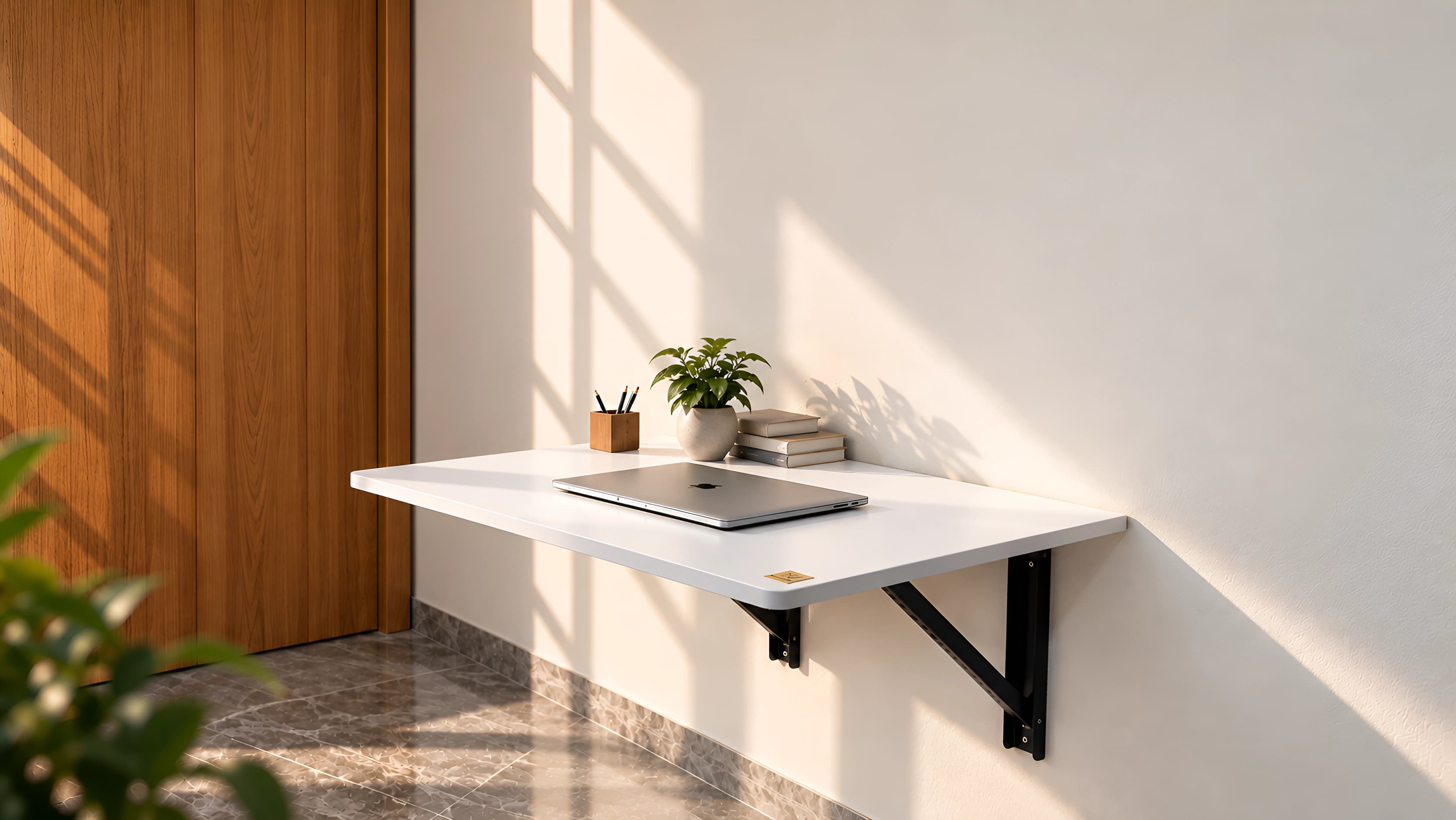 The Folding Wall Table open against a sunlit wall, with a laptop, books and a plant on it