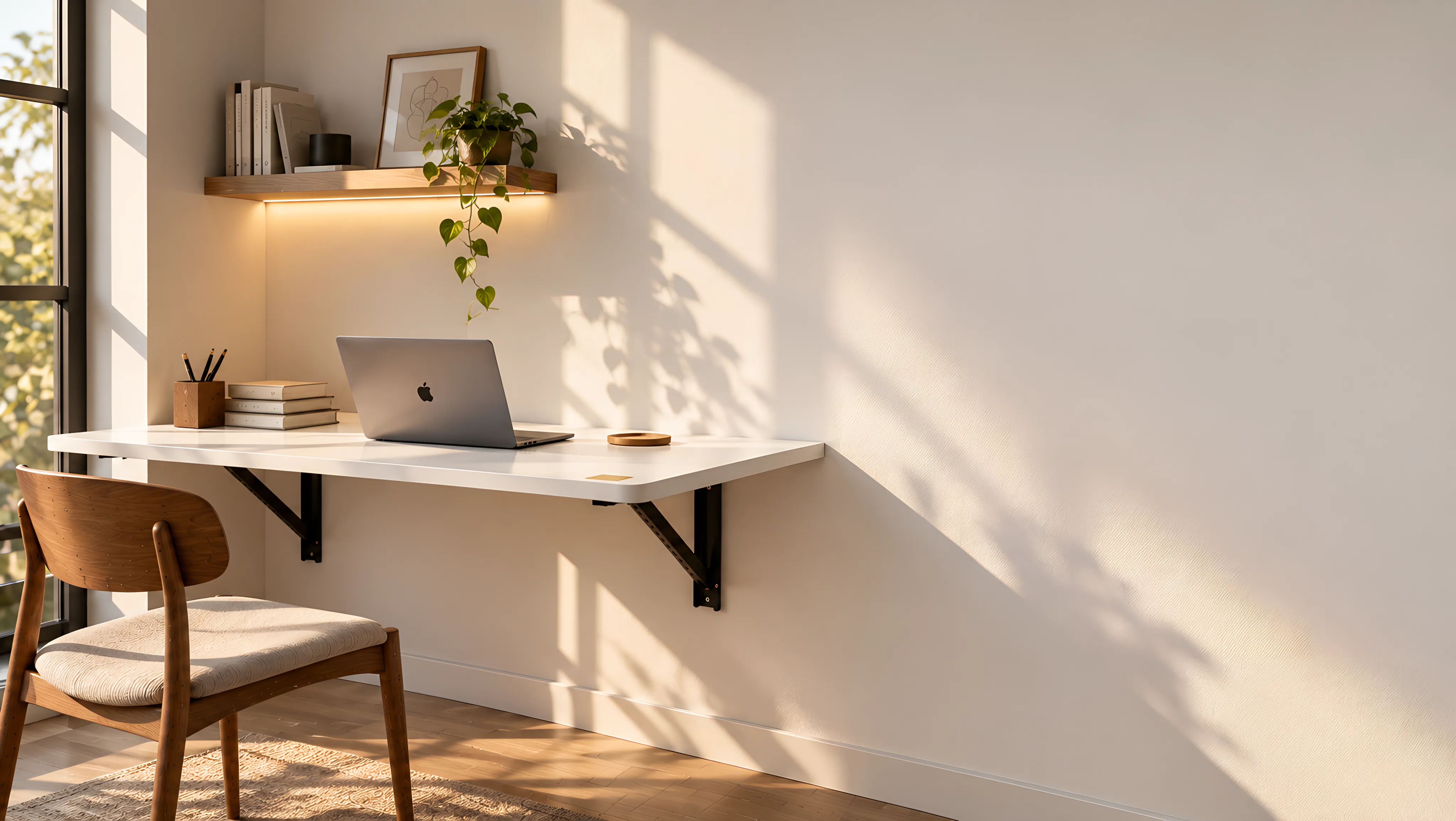 A white wall table opened beneath a lit shelf, with a laptop and books on it and a wooden chair pulled up